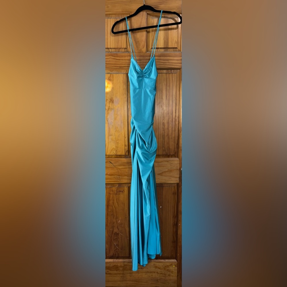 Teal Satin Criss Cross Gown - Picture 3 of 11
